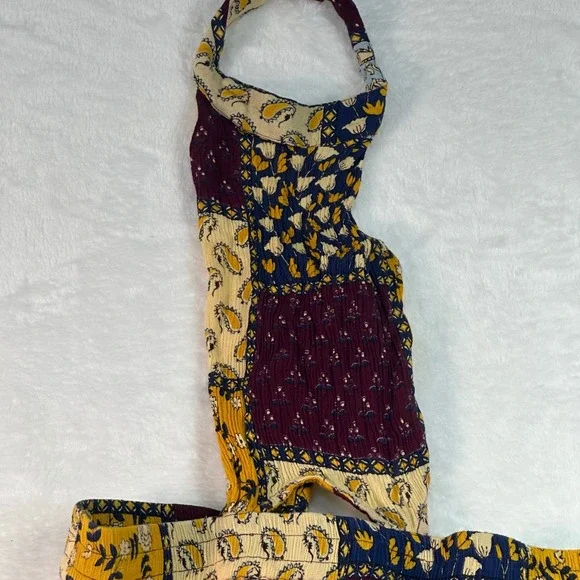 Earthbound Trading Co Jumpsuit Women Size M Multicolor Patchwork Halter Wide Leg - Picture 2 of 12